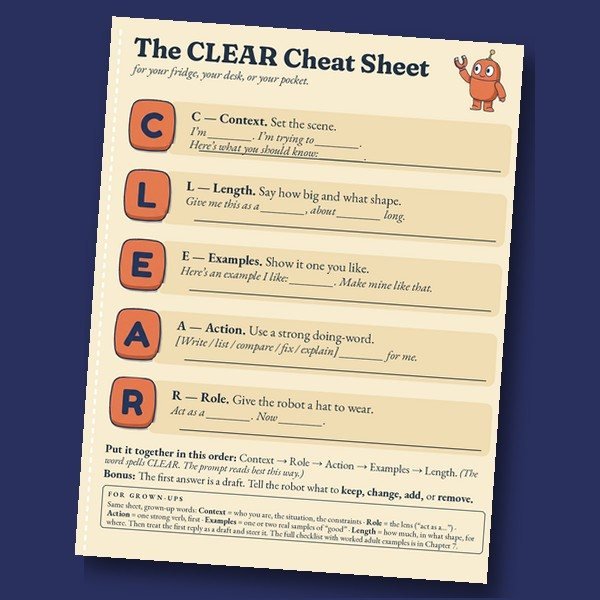 The CLEAR Cheat Sheet, a tear-out page with all five steps and fill-in templates