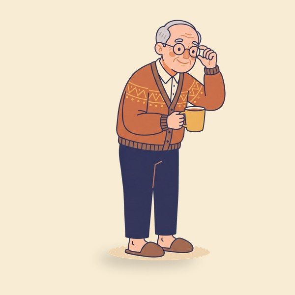 Pop, Sam's grandfather, with glasses and a patterned cardigan