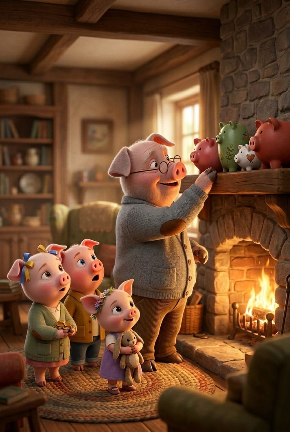 Grandpa Brick reaches up to the stone mantle where four piggy banks sit in a row, the grandchildren watching from below.
